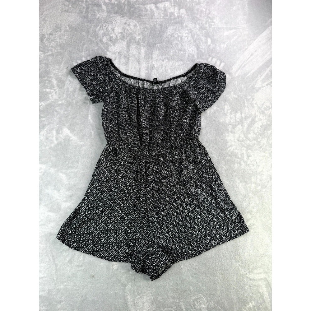 Forever 21 Romper Womens Large Black White Floral Off Shoulder Elastic Waist